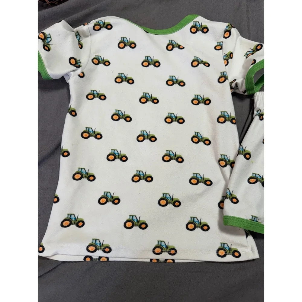 Sugar Bee Clothing Kids Green Tractor Pajama Set Shorts Shirt White Size 6